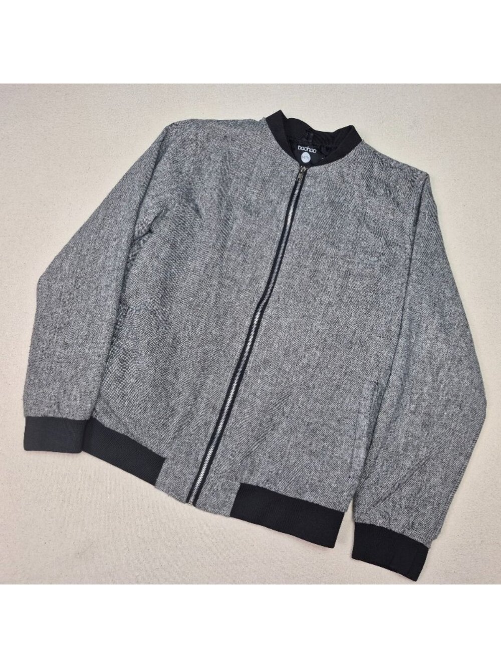 BooHooMAN Men's Knit Full Zip Marled Gray/Black Bomber Jacket Sz XL Y2K Yuppie